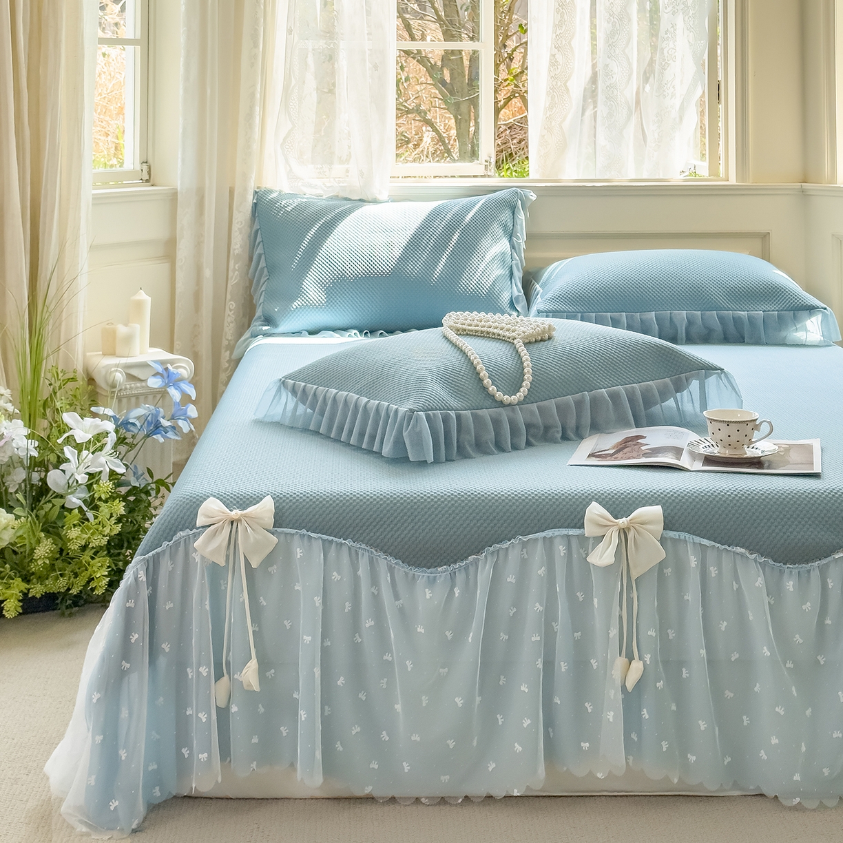 91家纺网 家纺一手货源 找家纺 恋尚羽家纺 2025PE高分子复合软凉席豆豆席大床裙三件套 兰色