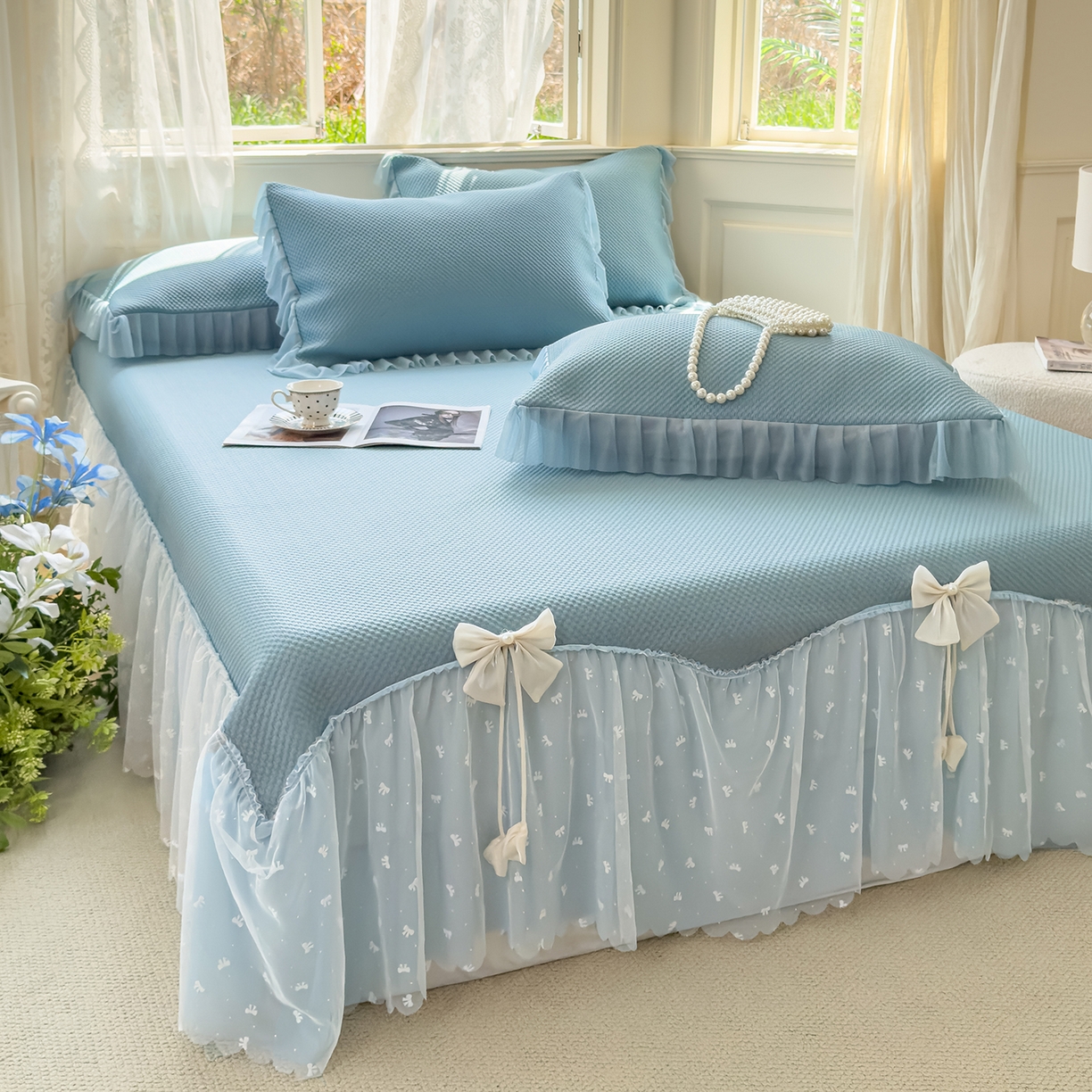 91家纺网 家纺一手货源 找家纺 恋尚羽家纺 2025PE高分子复合软凉席豆豆席大床裙三件套 兰色