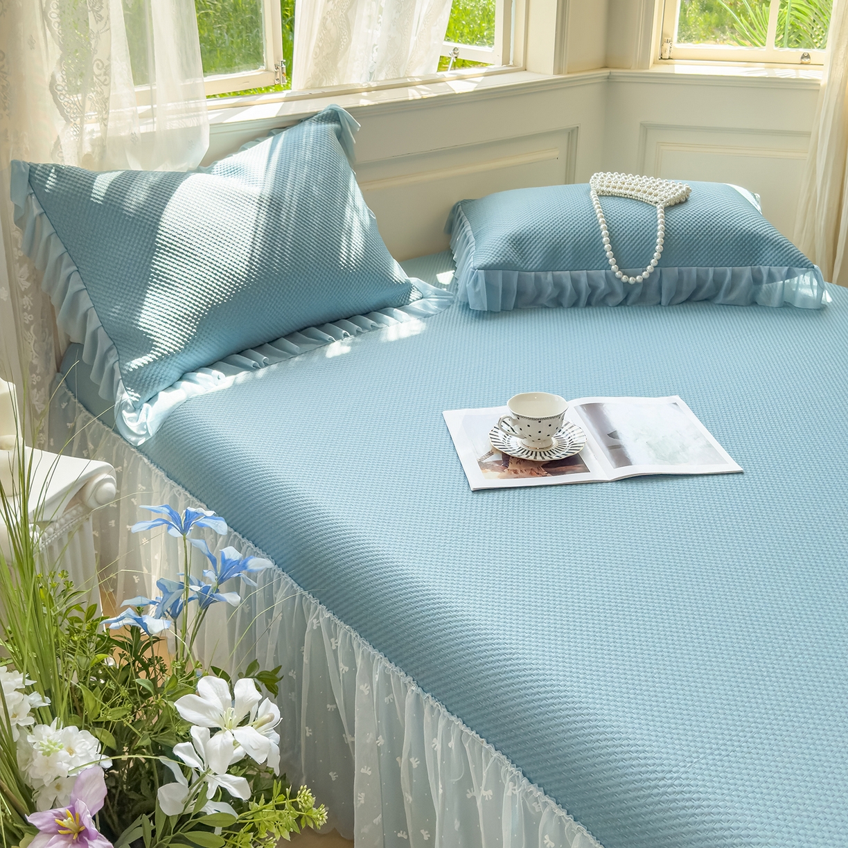 91家纺网 家纺一手货源 找家纺 恋尚羽家纺 2025PE高分子复合软凉席豆豆席大床裙三件套 兰色