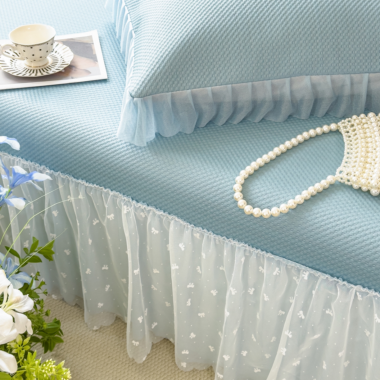 91家纺网 家纺一手货源 找家纺 恋尚羽家纺 2025PE高分子复合软凉席豆豆席大床裙三件套 兰色