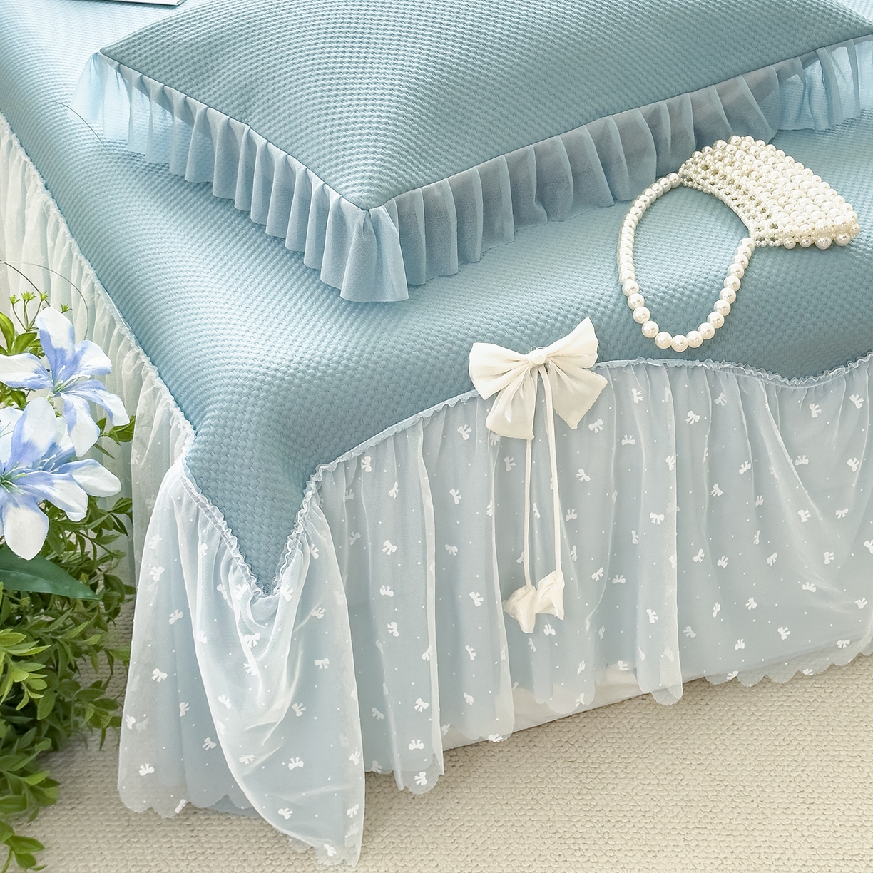 91家纺网 家纺一手货源 找家纺 恋尚羽家纺 2025PE高分子复合软凉席豆豆席大床裙三件套 兰色