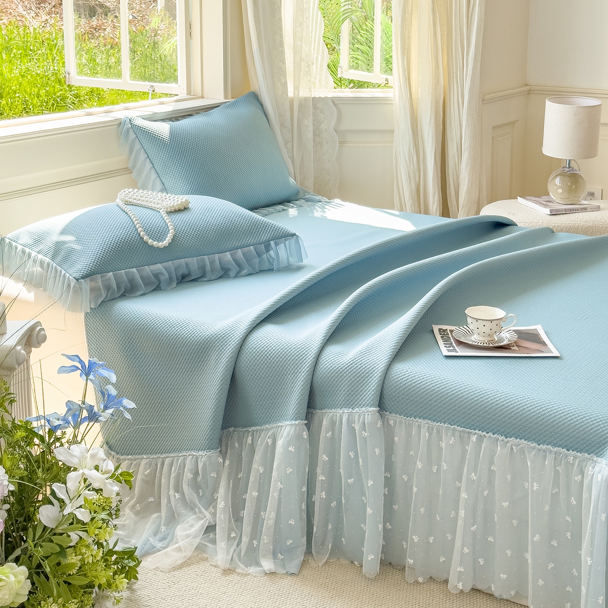 91家纺网 家纺一手货源 找家纺 恋尚羽家纺 2025PE高分子复合软凉席豆豆席大床裙三件套 兰色