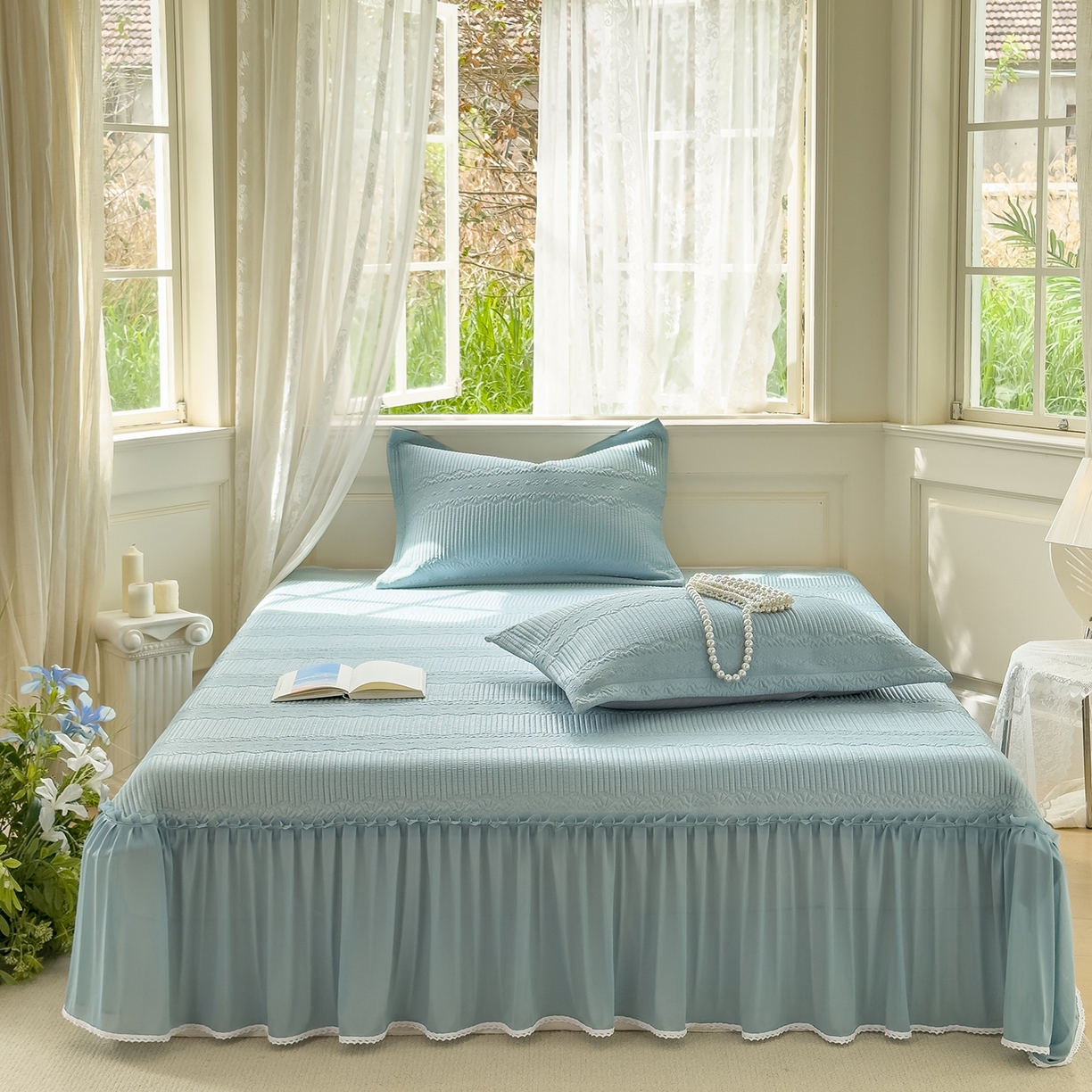 91家纺网 家纺一手货源 找家纺 恋尚羽家纺 2025PE高分子复合软凉席豆豆席大床裙三件套 兰色