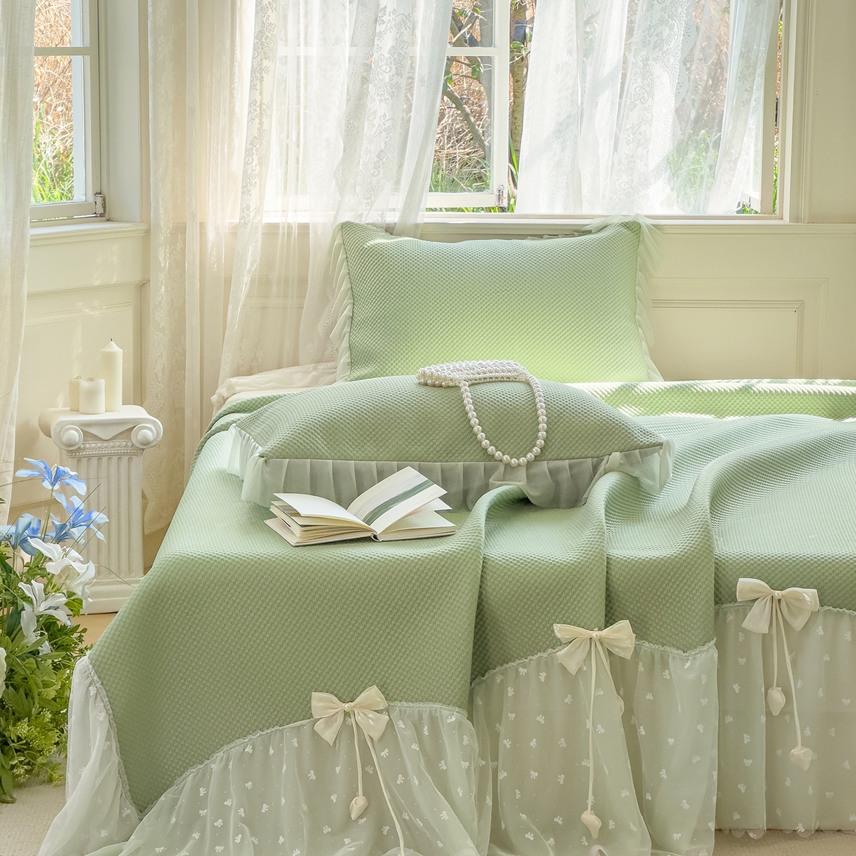 恋尚羽家纺 2025PE高分子复合软凉席豆豆席大床裙三件套 绿色