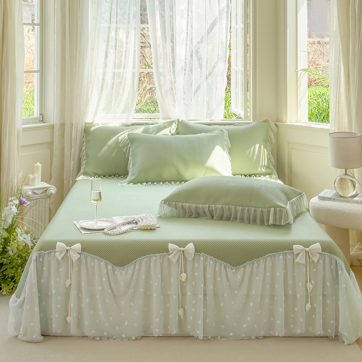 91家纺网 家纺一手货源 找家纺 恋尚羽家纺 2025PE高分子复合软凉席豆豆席大床裙三件套 绿色