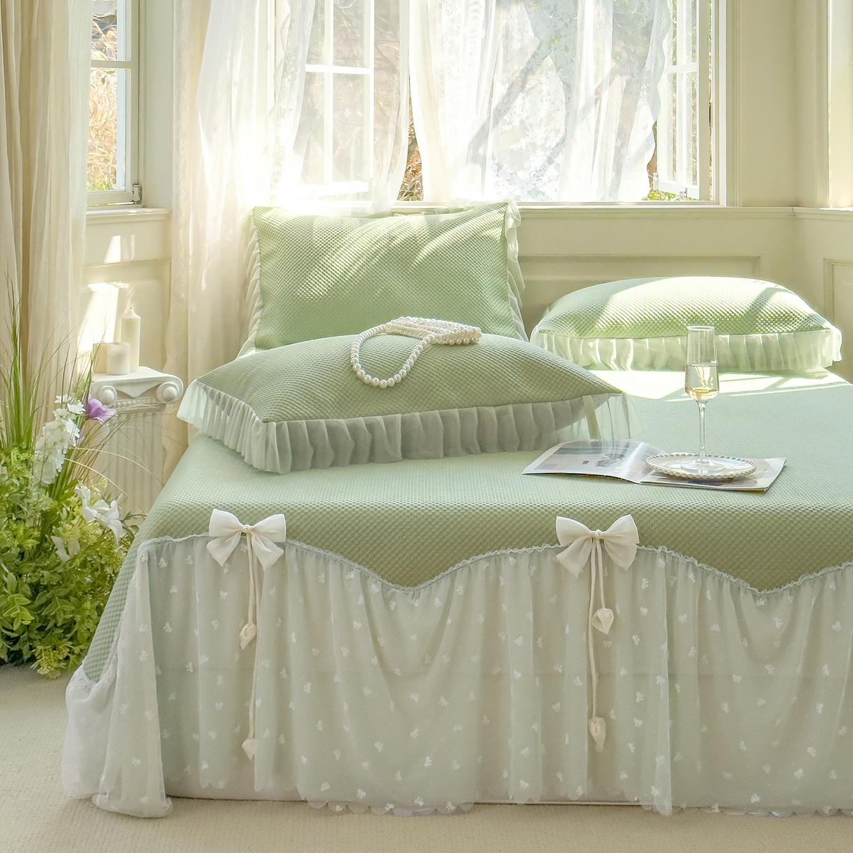 91家纺网 家纺一手货源 找家纺 恋尚羽家纺 2025PE高分子复合软凉席豆豆席大床裙三件套 绿色