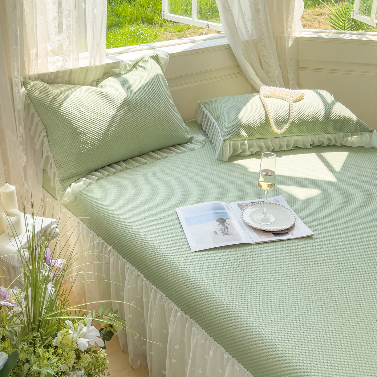 91家纺网 家纺一手货源 找家纺 恋尚羽家纺 2025PE高分子复合软凉席豆豆席大床裙三件套 绿色