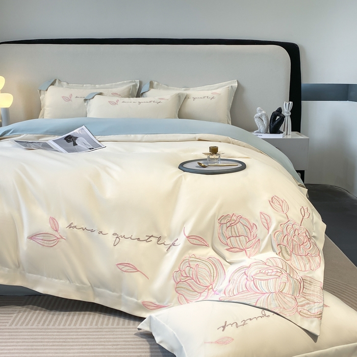 91家纺网 家纺一手货源 找家纺 青柚 2025新款A类亲肤棉刺绣四件套-塞利维亚 塞利维亚-白蓝