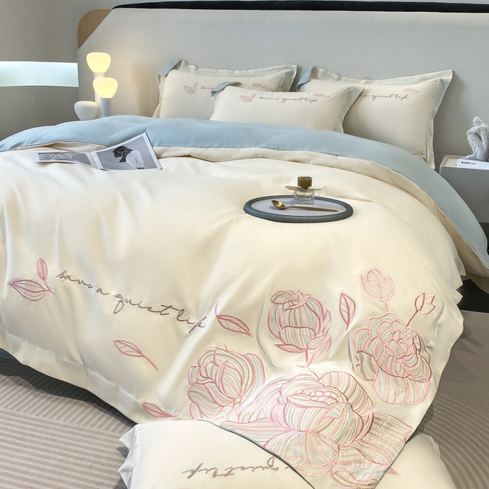 91家纺网 家纺一手货源 找家纺 青柚 2025新款A类亲肤棉刺绣四件套-塞利维亚 塞利维亚-白蓝