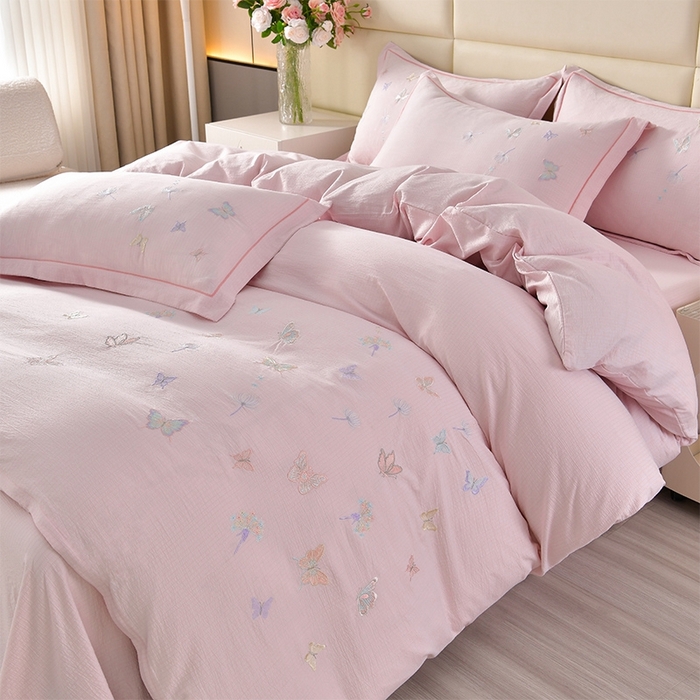 91家纺网 家纺一手货源 找家纺 （总）星窝2025新款蝴蝶重工立体绣花水洗棉四件套-蝶舞飞扬系列