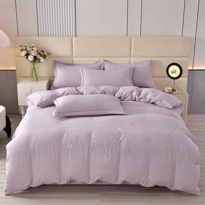 91家纺网 家纺一手货源 找家纺 星窝2025新款绣花水洗棉套件-蝶舞飞扬系列 梦幻紫