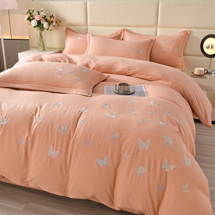 91家纺网 家纺一手货源 找家纺 星窝2025新款绣花水洗棉套件-蝶舞飞扬系列 玉色