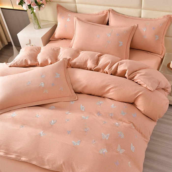 91家纺网 家纺一手货源 找家纺 星窝2025新款绣花水洗棉套件-蝶舞飞扬系列 玉色