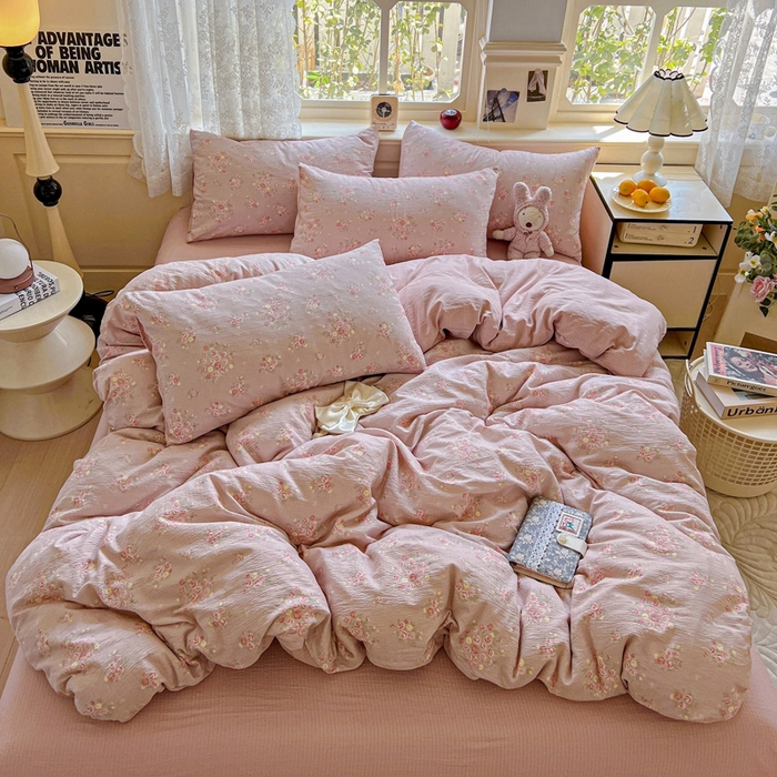 91家纺网 家纺一手货源 找家纺 仟网汇 2025新款云感皱皱纱简单款四件套