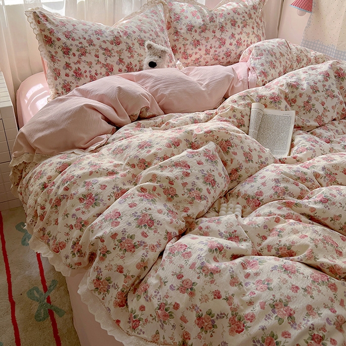 91家纺网 家纺一手货源 找家纺 （总）罗亿家纺 2025新款云感双层纱全棉镂空花边四件套（提供买家秀）