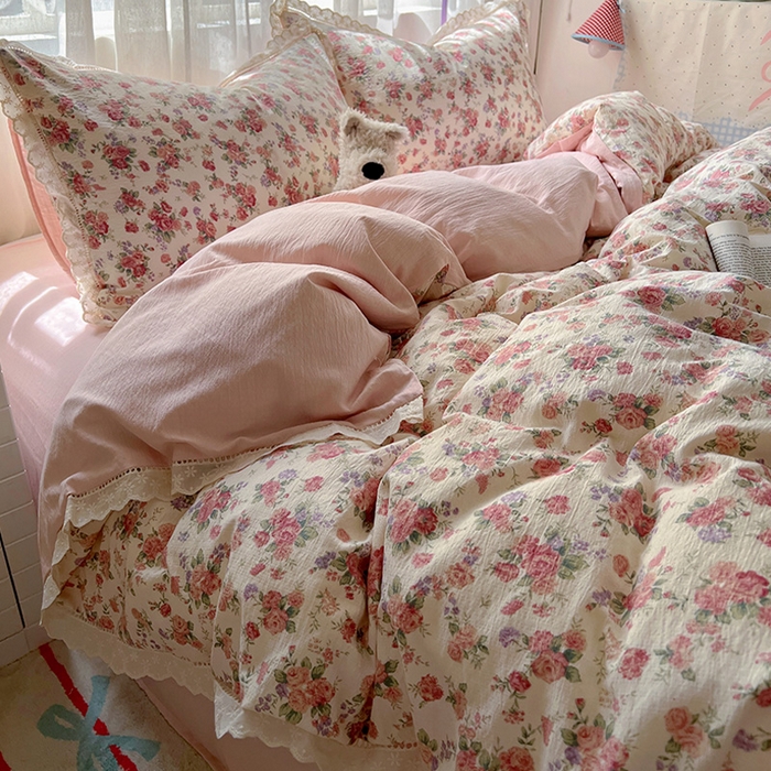 91家纺网 家纺一手货源 找家纺 （总）罗亿家纺 2025新款云感双层纱全棉镂空花边四件套（提供买家秀）