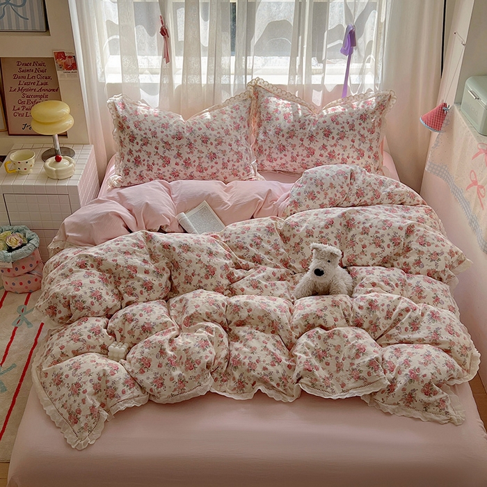 91家纺网 家纺一手货源 找家纺 （总）罗亿家纺 2025新款云感双层纱全棉镂空花边四件套（提供买家秀）