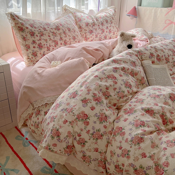 91家纺网 家纺一手货源 找家纺 （总）罗亿家纺 2025新款云感双层纱全棉镂空花边四件套（提供买家秀）