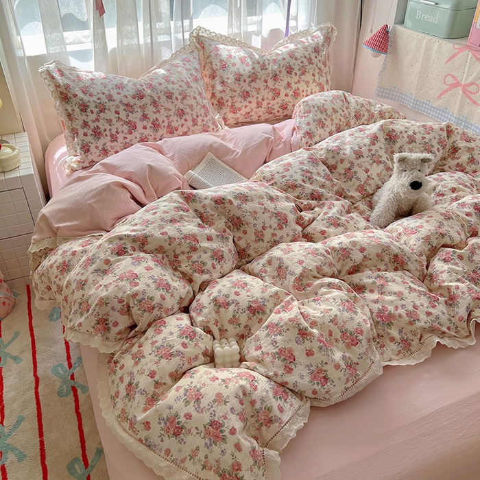 91家纺网 家纺一手货源 找家纺 （总）罗亿家纺 2025新款云感双层纱全棉镂空花边四件套（提供买家秀）