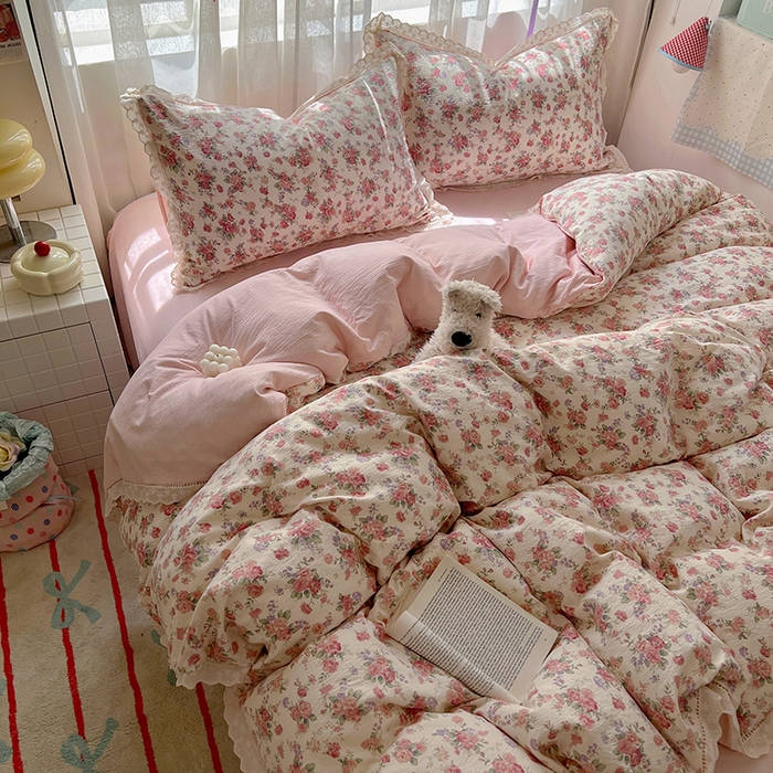 91家纺网 家纺一手货源 找家纺 （总）罗亿家纺 2025新款云感双层纱全棉镂空花边四件套（提供买家秀）