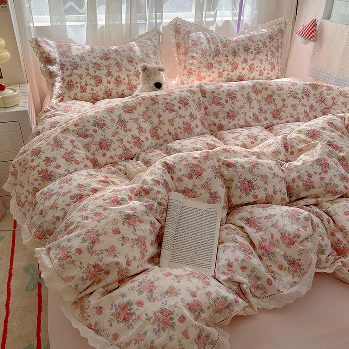 91家纺网 家纺一手货源 找家纺 （总）罗亿家纺 2025新款云感双层纱全棉镂空花边四件套（提供买家秀）