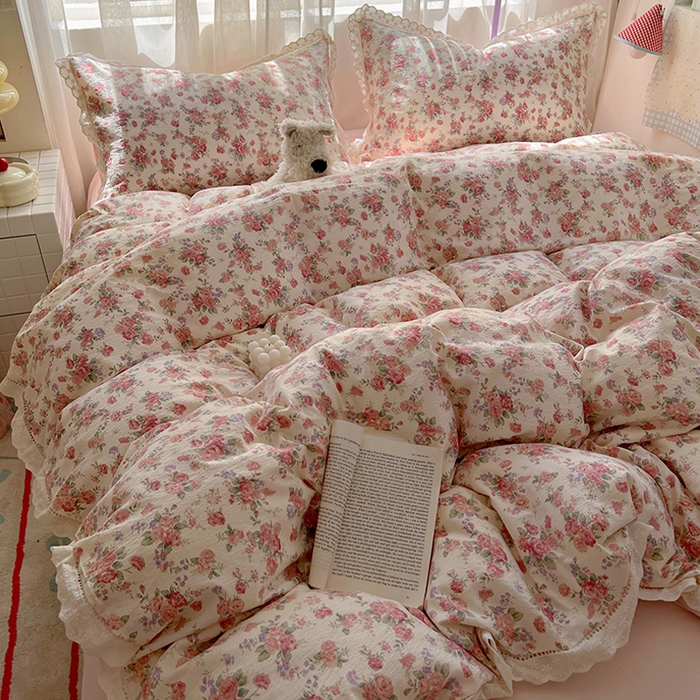 91家纺网 家纺一手货源 找家纺 （总）罗亿家纺 2025新款云感双层纱全棉镂空花边四件套（提供买家秀）