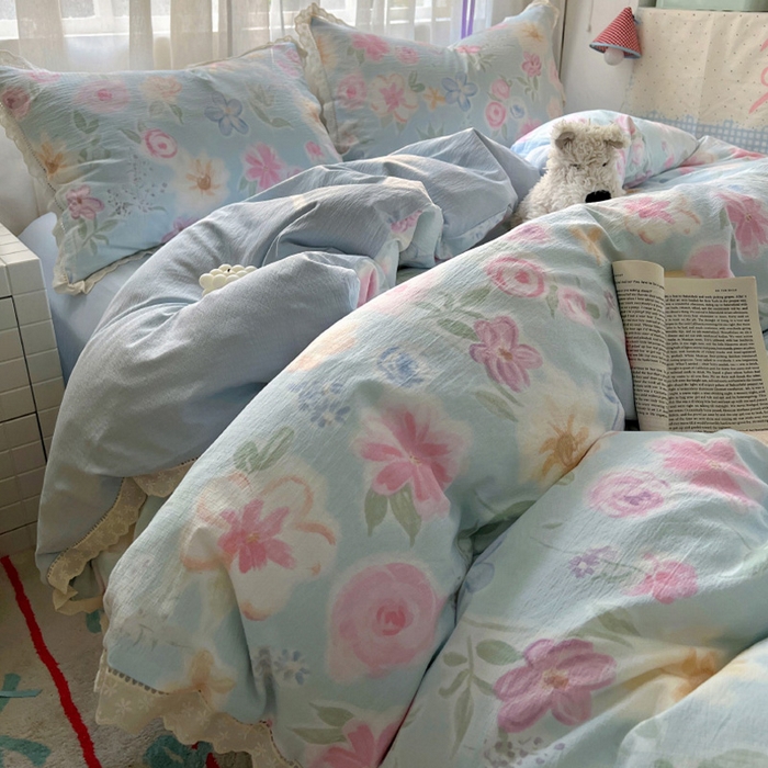 91家纺网 家纺一手货源 找家纺 罗亿家纺 2025新款云感双层纱全棉镂空花边四件套（提供买家秀） 春风花颜-绿