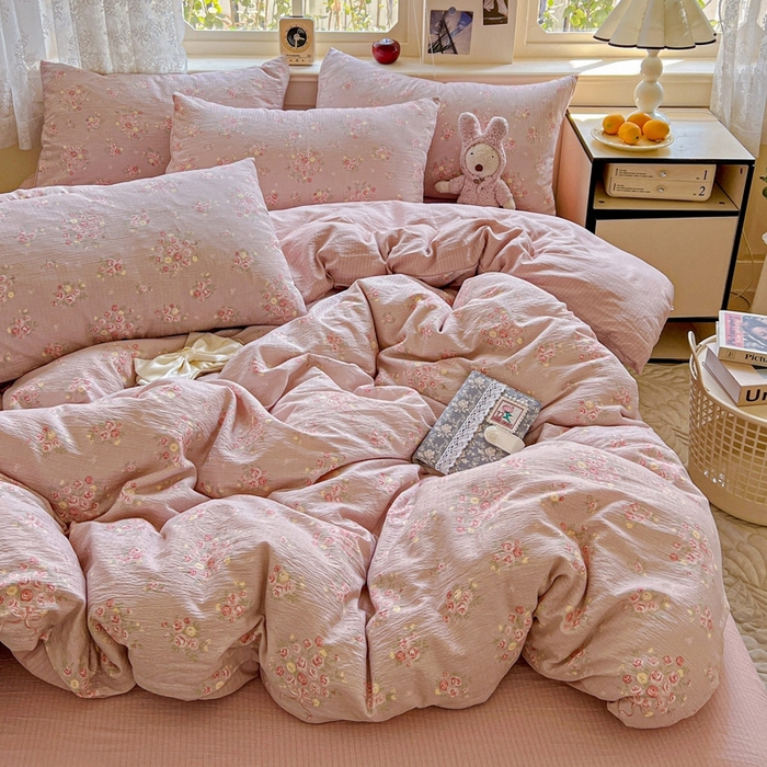 91家纺网 家纺一手货源 找家纺 仟网汇 2025新款云感皱皱纱简单款四件套