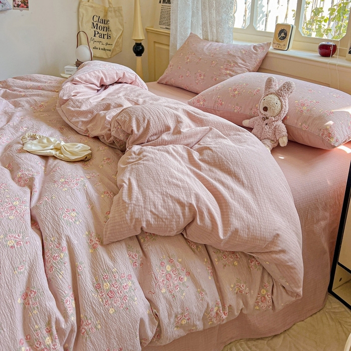 91家纺网 家纺一手货源 找家纺 仟网汇 2025新款云感皱皱纱简单款四件套