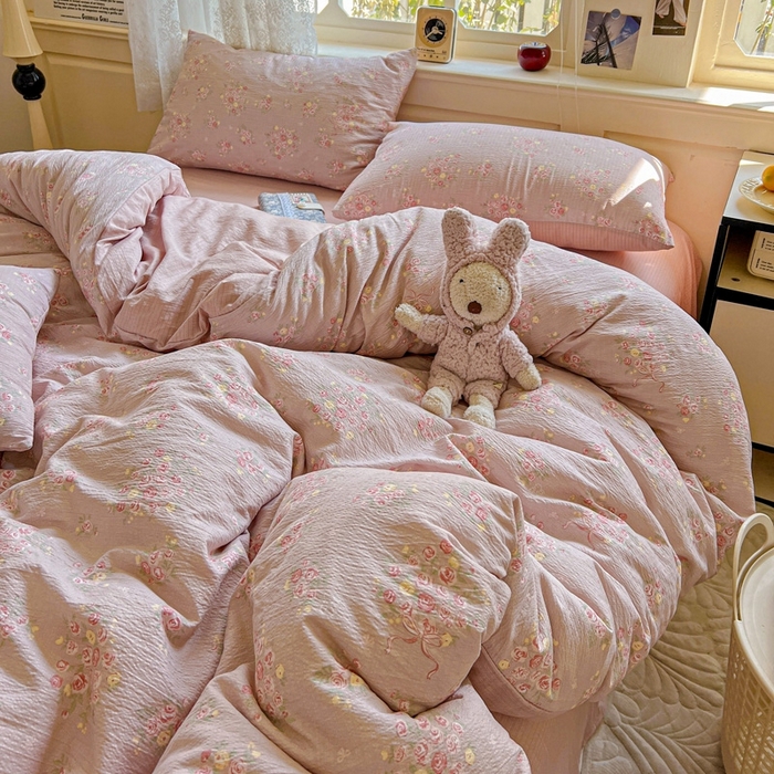 91家纺网 家纺一手货源 找家纺 仟网汇 2025新款云感皱皱纱简单款四件套