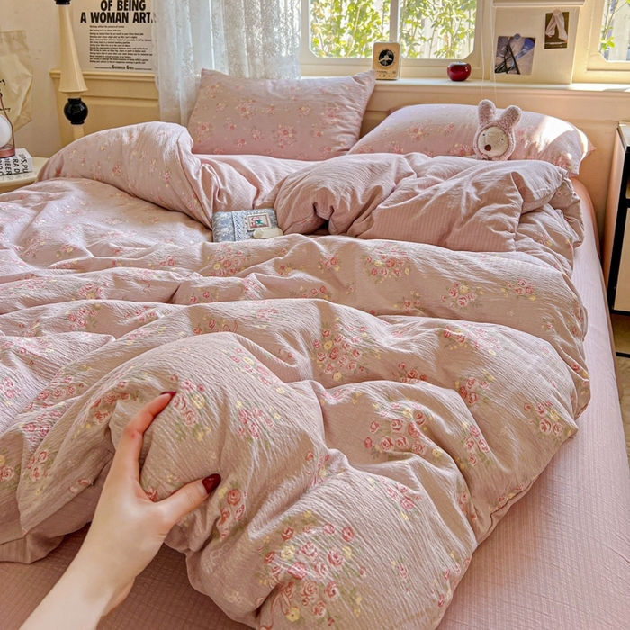 91家纺网 家纺一手货源 找家纺 仟网汇 2025新款云感皱皱纱简单款四件套