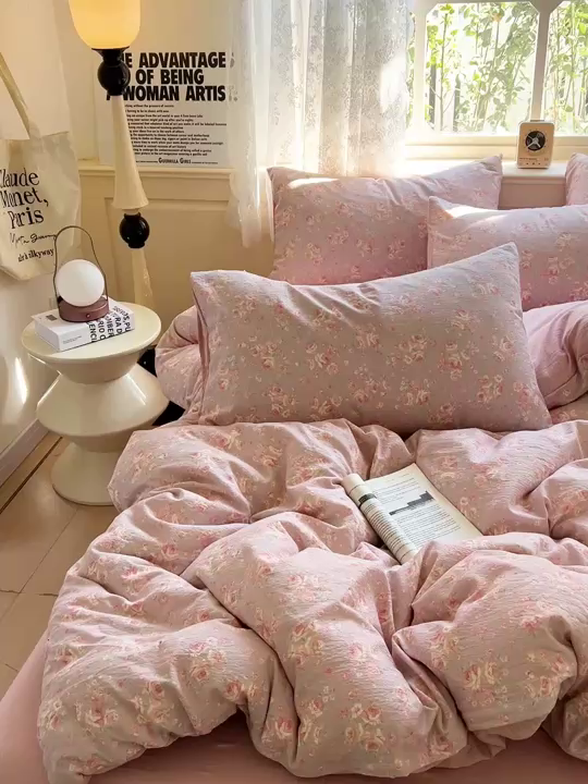 91家纺网 家纺一手货源 找家纺 仟网汇 2025新款云感皱皱纱简单款四件套