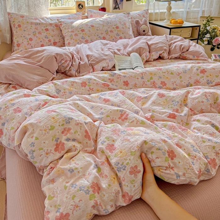 91家纺网 家纺一手货源 找家纺 仟网汇 2025新款云感皱皱纱简单款四件套