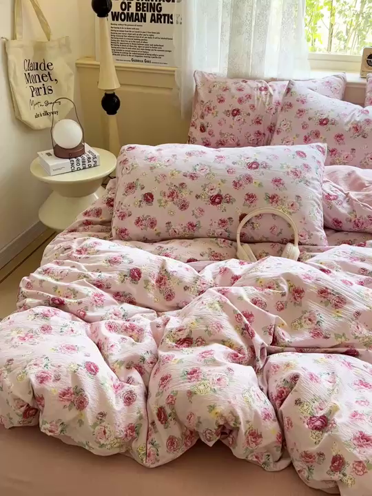 91家纺网 家纺一手货源 找家纺 仟网汇 2025新款云感皱皱纱简单款四件套