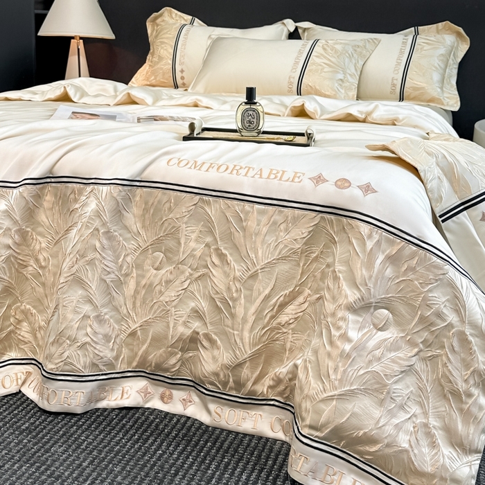 91家纺网 家纺一手货源 找家纺 帝王家纺 2025新款浮雕刺绣水洗天丝真丝夏被四件套冰丝三件套单夏被夏季直播 玉叶金枝—米白