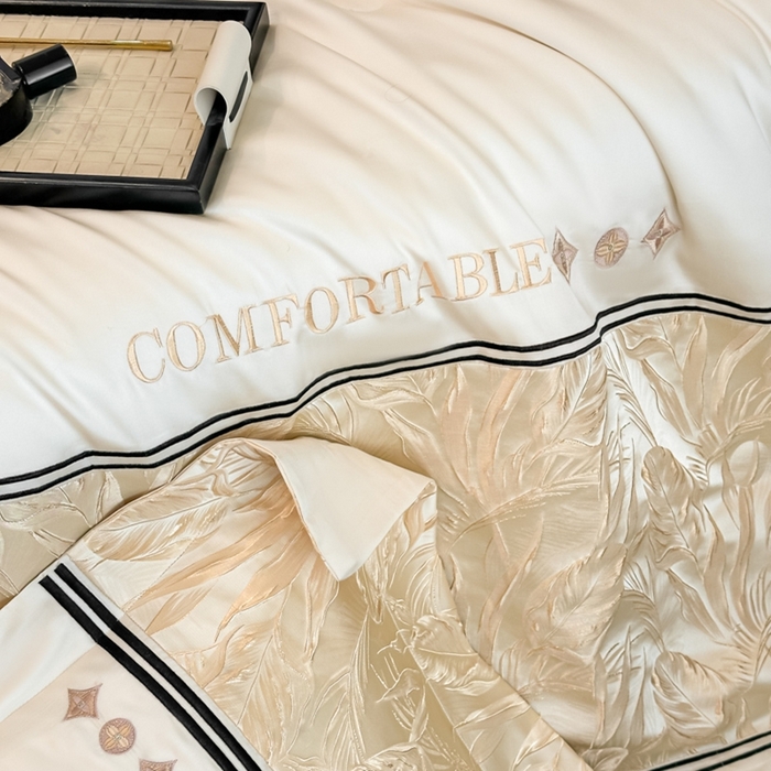 91家纺网 家纺一手货源 找家纺 帝王家纺 2025新款浮雕刺绣水洗天丝真丝夏被四件套冰丝三件套单夏被夏季直播 玉叶金枝—米白