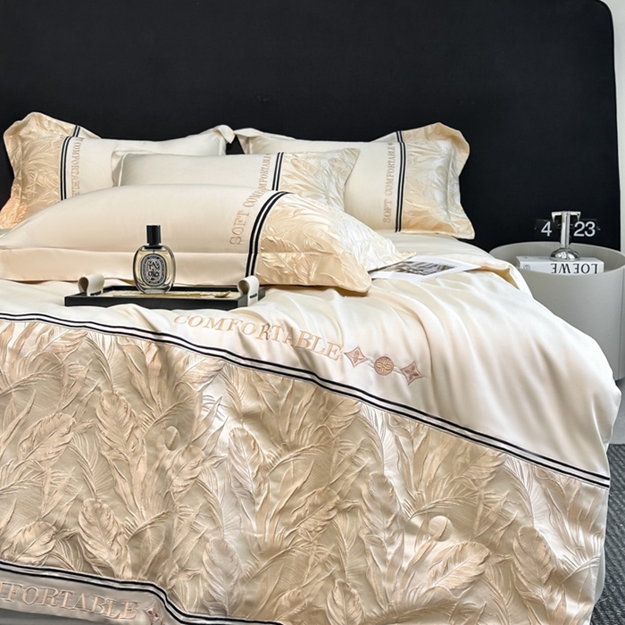 91家纺网 家纺一手货源 找家纺 帝王家纺 2025新款浮雕刺绣水洗天丝真丝夏被四件套冰丝三件套单夏被夏季直播 玉叶金枝—米白