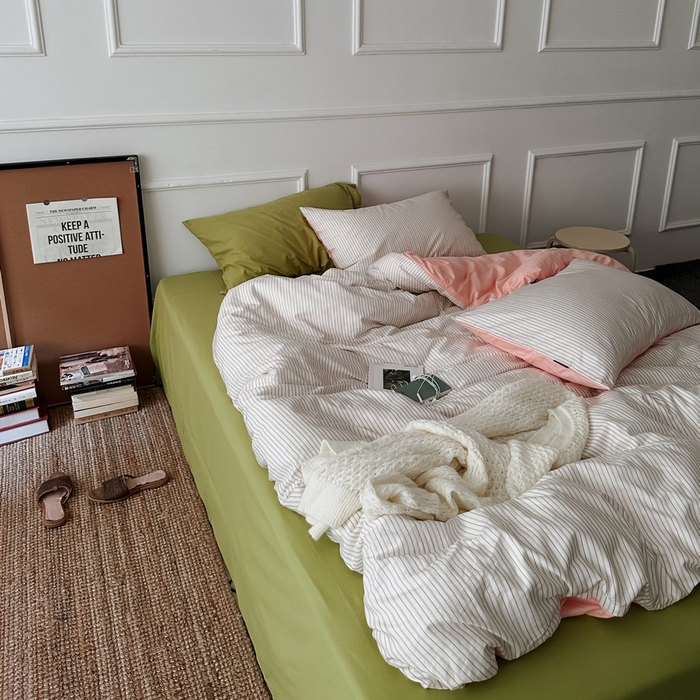 91家纺网 家纺一手货源 找家纺 柚可家居 2025新款40s全棉数码印花四件套-夏日 夏日（枕套条纹+抹茶绿）