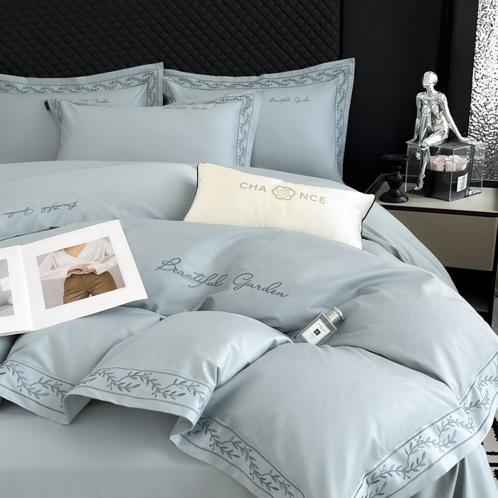 梧桐家居 2025春夏新款全棉纯棉轻奢刺绣四件套-金枝玉叶 金枝玉叶-飘蓝