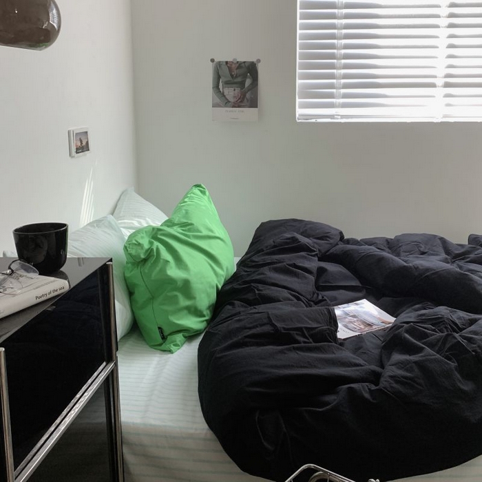 91家纺网 家纺一手货源 找家纺 柚可家居 2025新款40支全棉色织水洗棉四件套-加点墨 加点墨（枕套蓝竖条+亮绿）