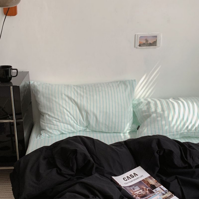 柚可家居 2025新款40支全棉色织水洗棉四件套-加点墨 加点墨（枕套蓝竖条）