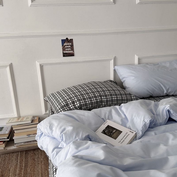 91家纺网 家纺一手货源 找家纺 柚可家居 2025新款40支斜纹全棉亲肤四件套-伦敦学院 伦敦学院（枕套黑格子+蓝色）
