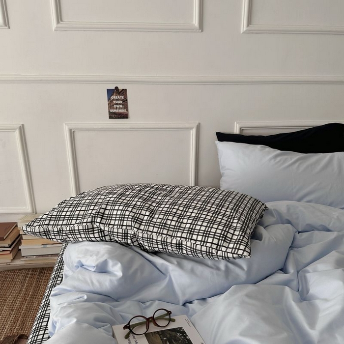 91家纺网 家纺一手货源 找家纺 柚可家居 2025新款40支斜纹全棉亲肤四件套-伦敦学院 伦敦学院（枕套黑格子+蓝色）