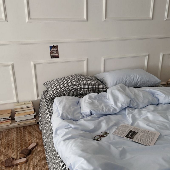 91家纺网 家纺一手货源 找家纺 柚可家居 2025新款40支斜纹全棉亲肤四件套-伦敦学院 伦敦学院（枕套黑格子+蓝色）
