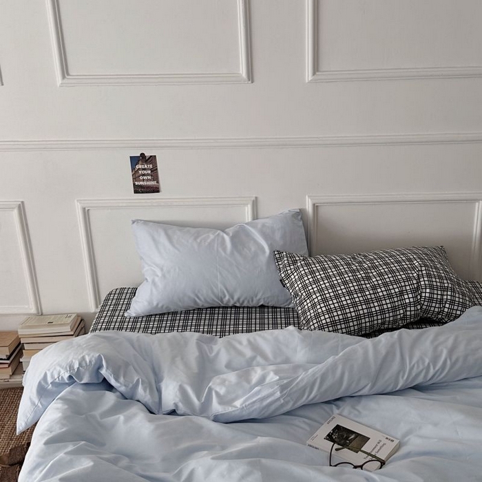 91家纺网 家纺一手货源 找家纺 柚可家居 2025新款40支斜纹全棉亲肤四件套-伦敦学院 伦敦学院（枕套黑格子+蓝色）