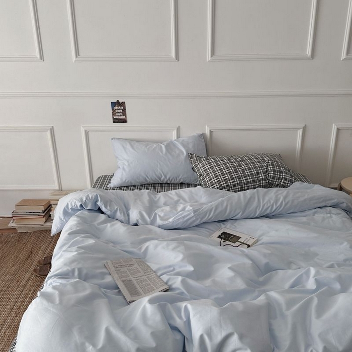 91家纺网 家纺一手货源 找家纺 柚可家居 2025新款40支斜纹全棉亲肤四件套-伦敦学院 伦敦学院（枕套黑格子+蓝色）