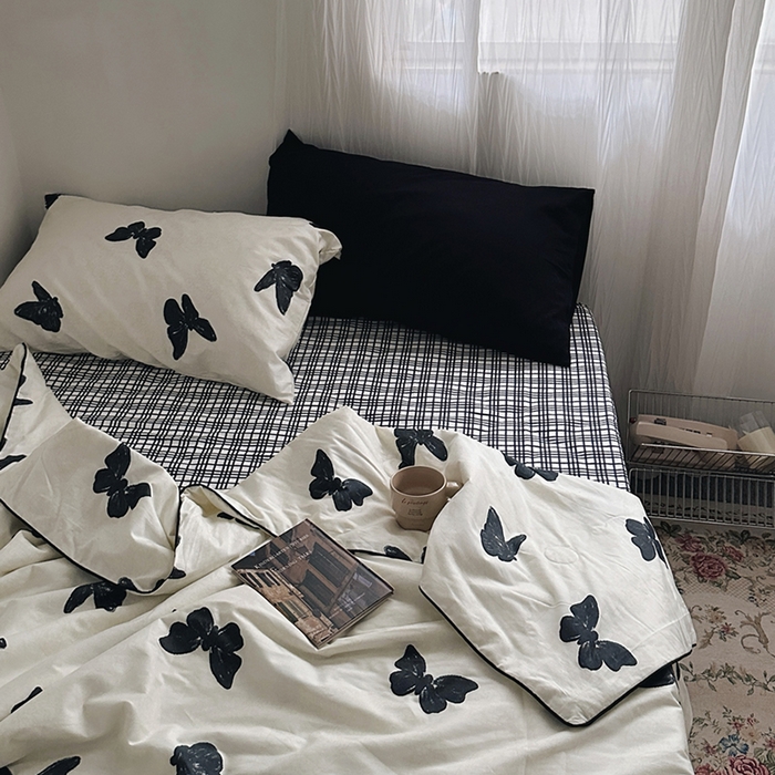 （总）柚可家居 2025新款舒适凉感斜纹全棉黑格-蝶舞夏被