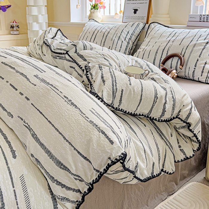 91家纺网 家纺一手货源 找家纺 Mata蔓塔家 2025春夏新款云感针织双层纱彩色贝壳边四件套 云边星辰