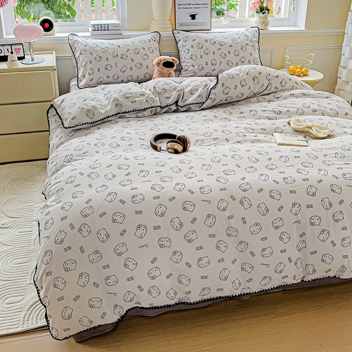 91家纺网 家纺一手货源 找家纺 Mata蔓塔家 2025春夏新款云感针织双层纱彩色贝壳边四件套 猫咪恋人