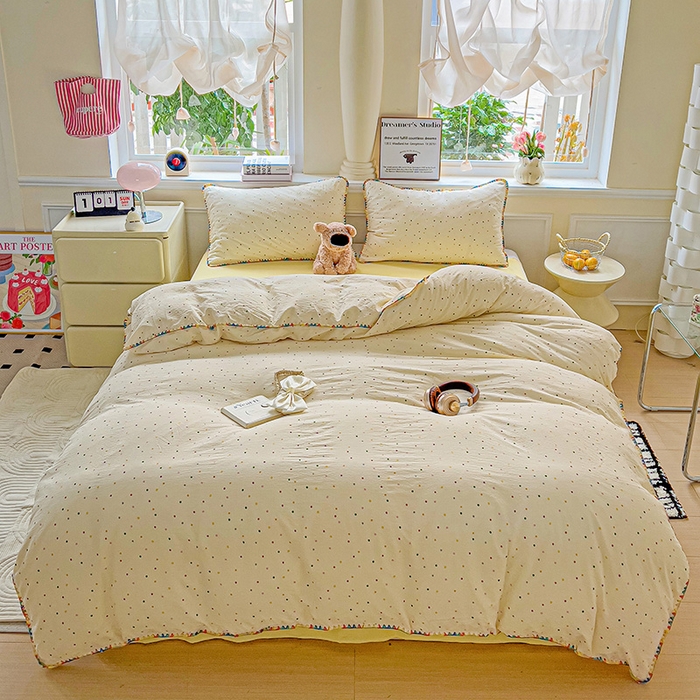 91家纺网 家纺一手货源 找家纺 Mata蔓塔家 2025春夏新款云感针织双层纱彩色贝壳边四件套 小波点